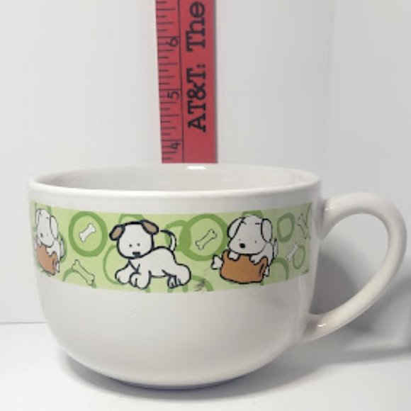 OVERSIZED WHITE COFFEE MUG WITH GREEN STIPE RIM AND PUPPY DOGS - Picture 6 of 6